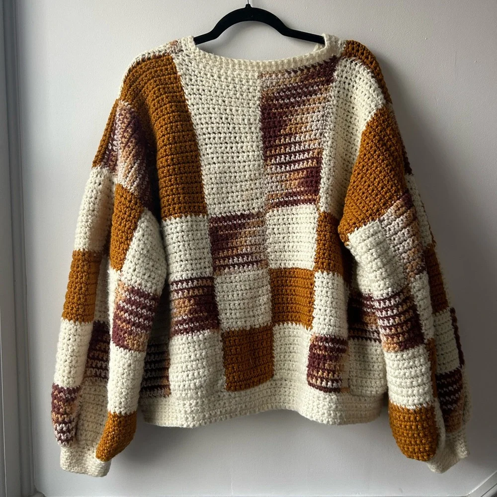 Cozy Patchwork Knit Sweater - Cream and Brown - Picture 4 of 5